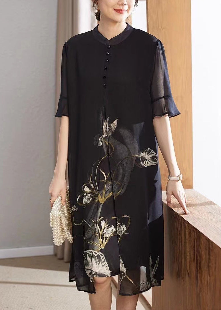 peopleterritory French Navy Print False Chiffon Two Pieces Dress Half Sleeve OP1090