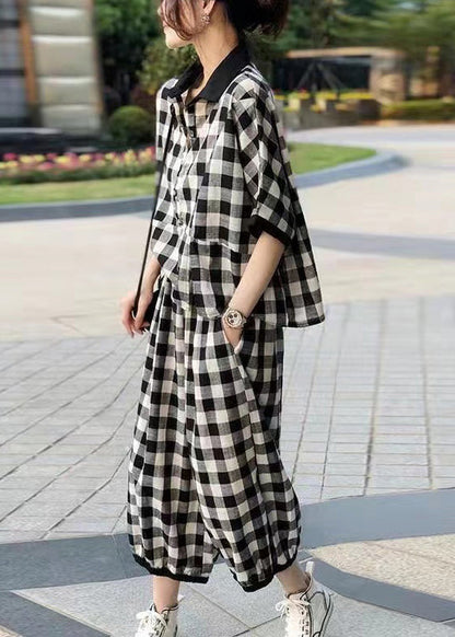 peopleterritory French Plaid Button Pockets Cotton Two Piece Set Half Sleeve AA1035