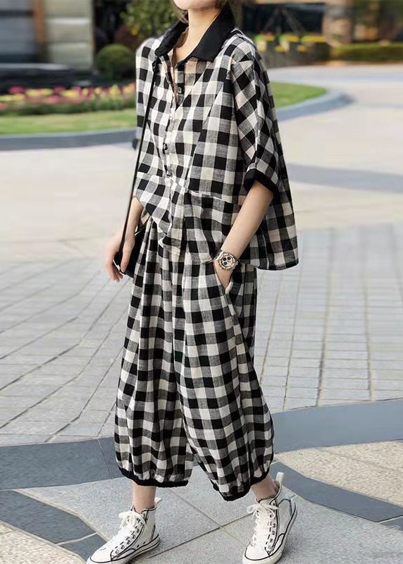 peopleterritory French Plaid Button Pockets Cotton Two Piece Set Half Sleeve AA1035
