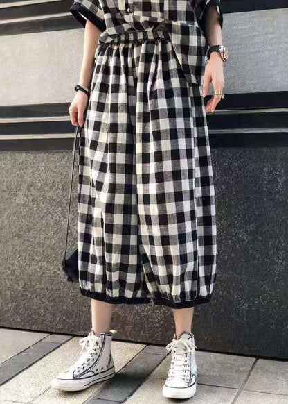 peopleterritory French Plaid Button Pockets Cotton Two Piece Set Half Sleeve AA1035