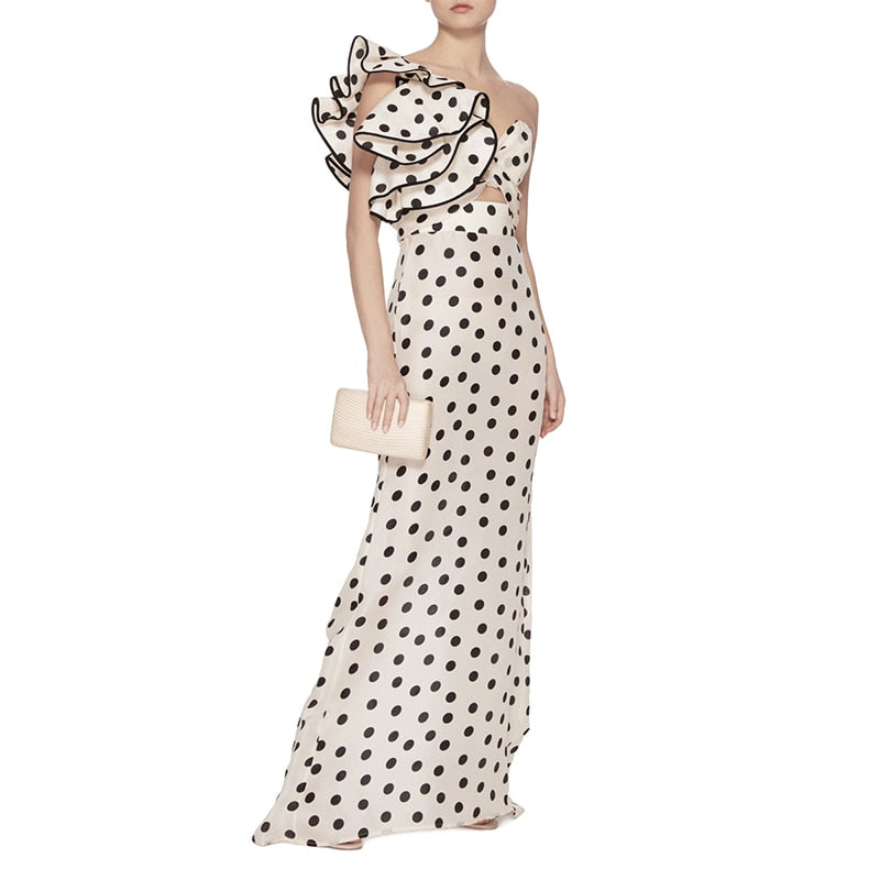 StoreXQ  Polka Dot Sheath Dress Women Hollow Out Chiffon Party Dress Sexy Long Maxi Dress Vintage Hepburn High Waist Zipper Runway C093