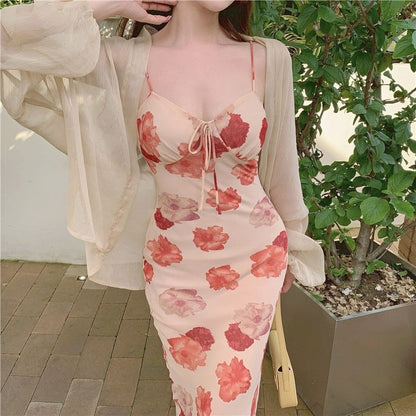 StoreXQ French Vintage Strap Dress Women Sweet Elegant Sleeveless Sexy Floral Dress Female Casual V-neck Beach Party Dress Summer