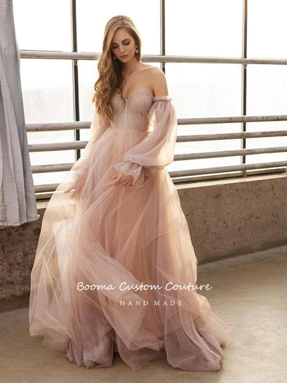 StoreXQ  Sweet Dusty Pink Prom Dresses Off Shoulder Long Sleeves Princess Party Dresses Pleated Tulle A-Line Formal Evening Gowns