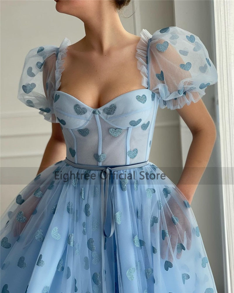 StoreXQ Eightree Baby Blue Long Prom Dresses with Pocket Hearty Short Sleeve Pageant Formal Evening Party Dresses Floor Length Robe