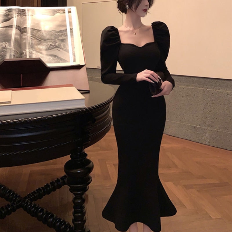 StoreXQ Black Elegant Evening Party Dress Women Slim French Vintage Y2k Midi Dress ladies Sexy Korean Fashion Dress Fishtail Winter