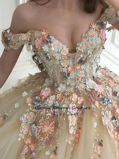 StoreXQ  Fairy Ball Gown Princess Prom Dresses Off the Shoulder Sweetheart Floral Appliques Formal Party Dresses Tulle Long Evening Gowns