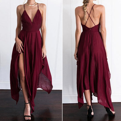 StoreXQ New Women Sexy Party Dress Spaghetti Strap V-neck Sleeveless Chiffon High Slit Irregular Mid Long Dress Vestidos