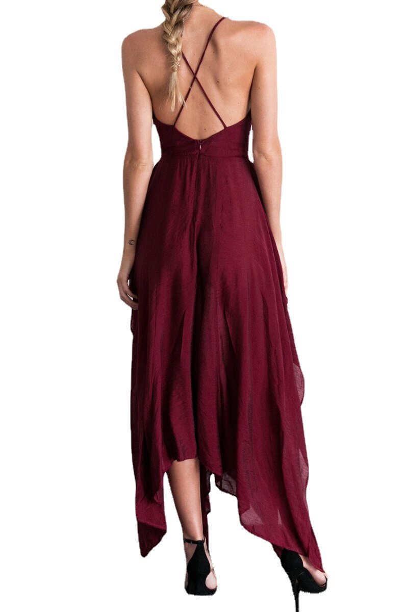 StoreXQ New Women Sexy Party Dress Spaghetti Strap V-neck Sleeveless Chiffon High Slit Irregular Mid Long Dress Vestidos