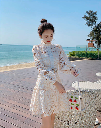 Runway Designer Spring Lace Party Dress  New Women Lantern Sleeve Hollow Out Dress Fashion Holiday Belt Mini Dresses