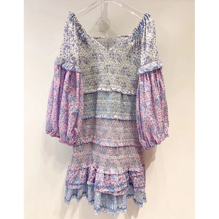 StoreXQ Floral Print Ruffle Dress for Women Vintage Summer Dress Puff Sleeve Ruched Ladies Dress Sexy Boho Party Dress