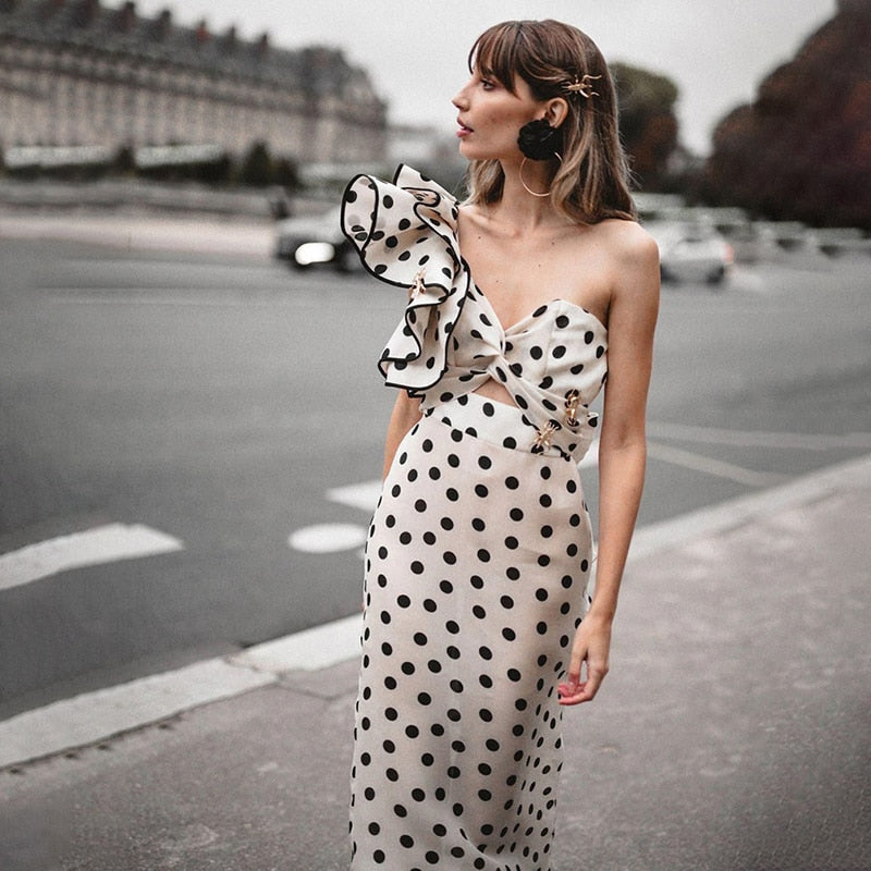 StoreXQ  Polka Dot Sheath Dress Women Hollow Out Chiffon Party Dress Sexy Long Maxi Dress Vintage Hepburn High Waist Zipper Runway C093