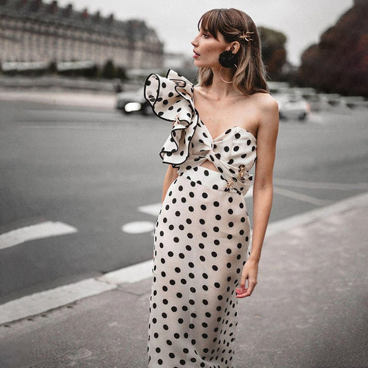 StoreXQ  Polka Dot Sheath Dress Women Hollow Out Chiffon Party Dress Sexy Long Maxi Dress Vintage Hepburn High Waist Zipper Runway C093