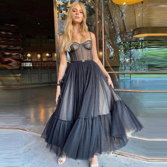 StoreXQ Black Dotted Tulle Prom Dresses Spaghetti Straps Boning A-Line Short Prom Gowns Illusion Tea-Length Wedding Party Dresses