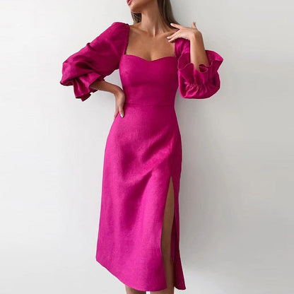 Retro Square Collar Women Solid Slim Party Dress Autumn Flare Sleeve Ladies Split A-Line Dress   Female Sexy Backless Vestido