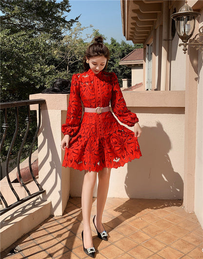 Runway Designer Spring Lace Party Dress  New Women Lantern Sleeve Hollow Out Dress Fashion Holiday Belt Mini Dresses