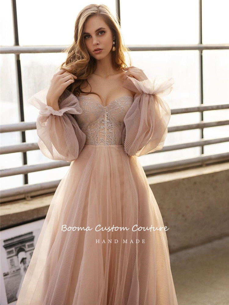 StoreXQ  Sweet Dusty Pink Prom Dresses Off Shoulder Long Sleeves Princess Party Dresses Pleated Tulle A-Line Formal Evening Gowns