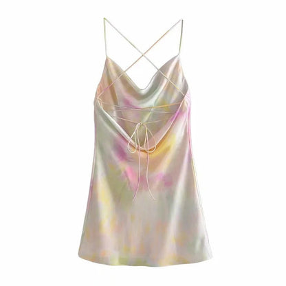 StoreXQ  Summer Slip Dress Women Za  Tie Dye Satin Short Woman Dresses Strappy Sexy Backless Strap Mini Dress Club Party Dresses