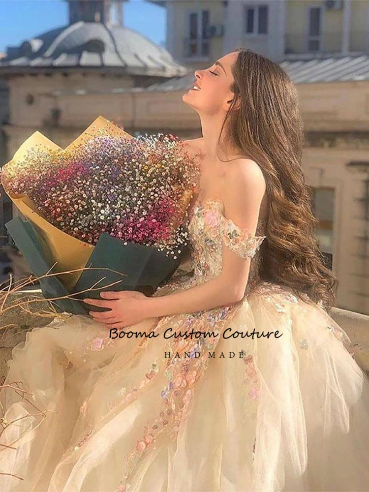 StoreXQ  Fairy Ball Gown Princess Prom Dresses Off the Shoulder Sweetheart Floral Appliques Formal Party Dresses Tulle Long Evening Gowns