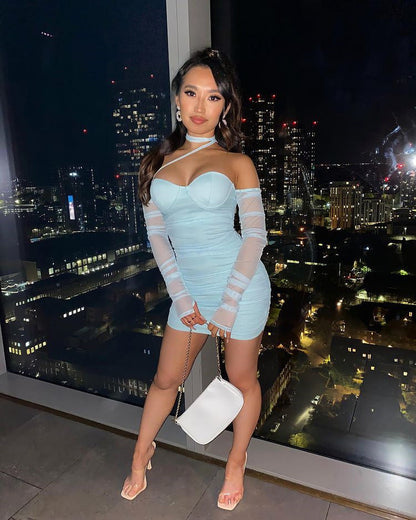 Casual Women's Dresses   Blue Bodycon Dress Long Sleeve Mesh Party Dress Elegant Off The Shoulder Celebrity Club Night Dress