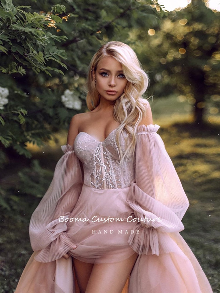 StoreXQ  Sweet Dusty Pink Prom Dresses Off Shoulder Long Sleeves Princess Party Dresses Pleated Tulle A-Line Formal Evening Gowns