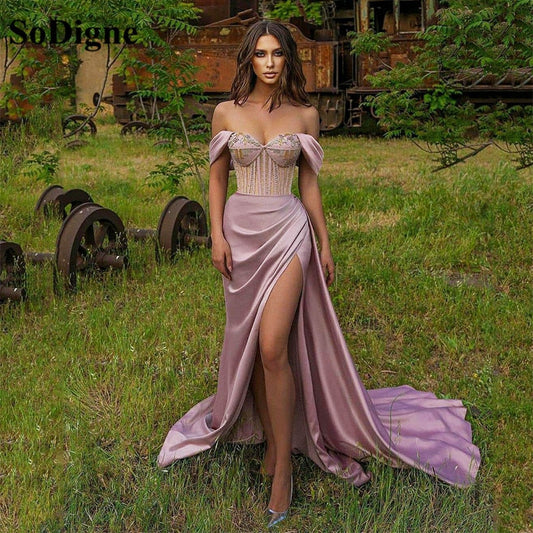 StoreXQ Dubai Prom Party Dresses Promdress High Split Beads Sequined Purple Evening Gowns Long Off Shoulder Celebrity Dress