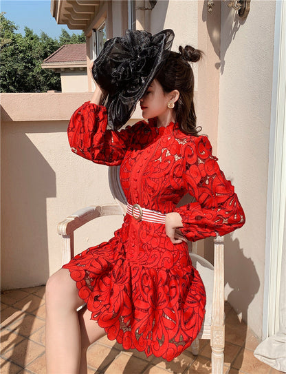 Runway Designer Spring Lace Party Dress  New Women Lantern Sleeve Hollow Out Dress Fashion Holiday Belt Mini Dresses