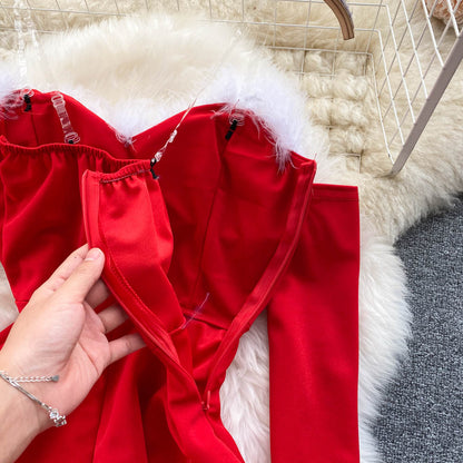 Women Elegant Dress For New Year  Strapless Backless Furry Sexy Short Mini Christmas Dress Navidad Red Party Dress Femme