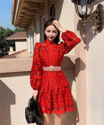 Runway Designer Spring Lace Party Dress  New Women Lantern Sleeve Hollow Out Dress Fashion Holiday Belt Mini Dresses