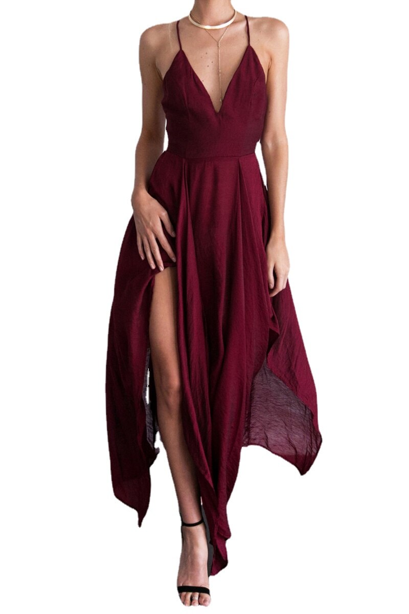 StoreXQ New Women Sexy Party Dress Spaghetti Strap V-neck Sleeveless Chiffon High Slit Irregular Mid Long Dress Vestidos