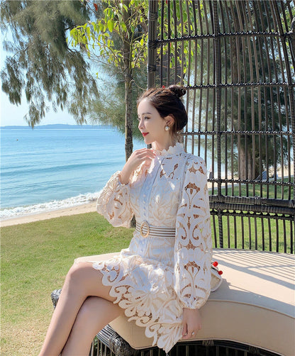 Runway Designer Spring Lace Party Dress  New Women Lantern Sleeve Hollow Out Dress Fashion Holiday Belt Mini Dresses