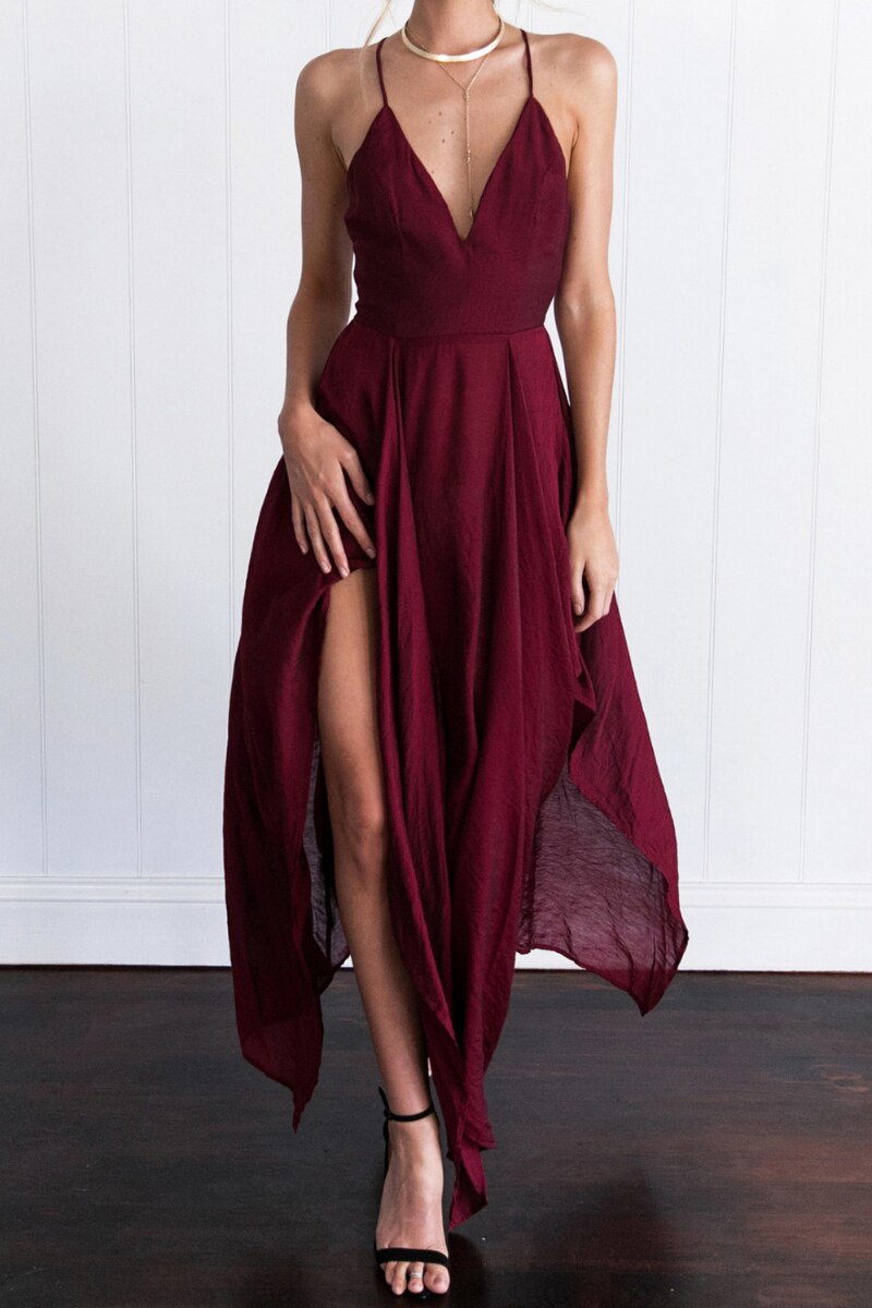 StoreXQ New Women Sexy Party Dress Spaghetti Strap V-neck Sleeveless Chiffon High Slit Irregular Mid Long Dress Vestidos