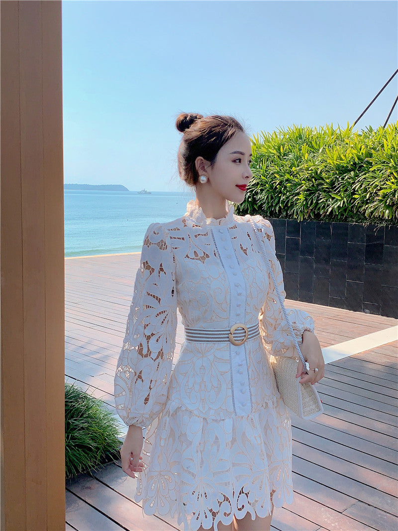 Runway Designer Spring Lace Party Dress  New Women Lantern Sleeve Hollow Out Dress Fashion Holiday Belt Mini Dresses