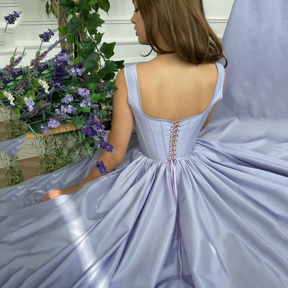 StoreXQ Chic Purple A-Line Long Satin Prom Dress With Pockets Sexy Square neck Lace-Up Corset Evening Gowns Saudi Arabia Party Dress