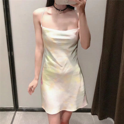 StoreXQ  Summer Slip Dress Women Za  Tie Dye Satin Short Woman Dresses Strappy Sexy Backless Strap Mini Dress Club Party Dresses