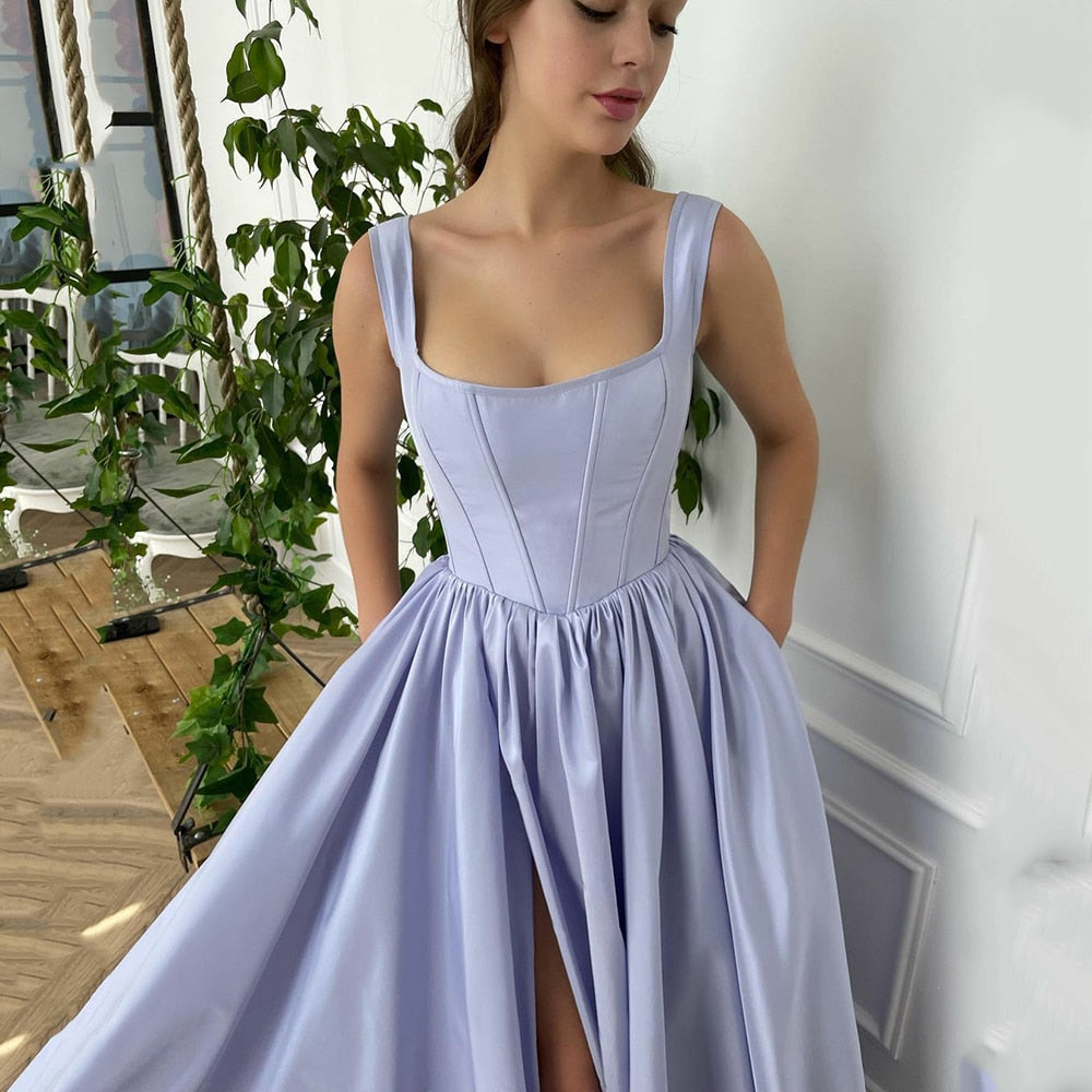 StoreXQ Chic Purple A-Line Long Satin Prom Dress With Pockets Sexy Square neck Lace-Up Corset Evening Gowns Saudi Arabia Party Dress