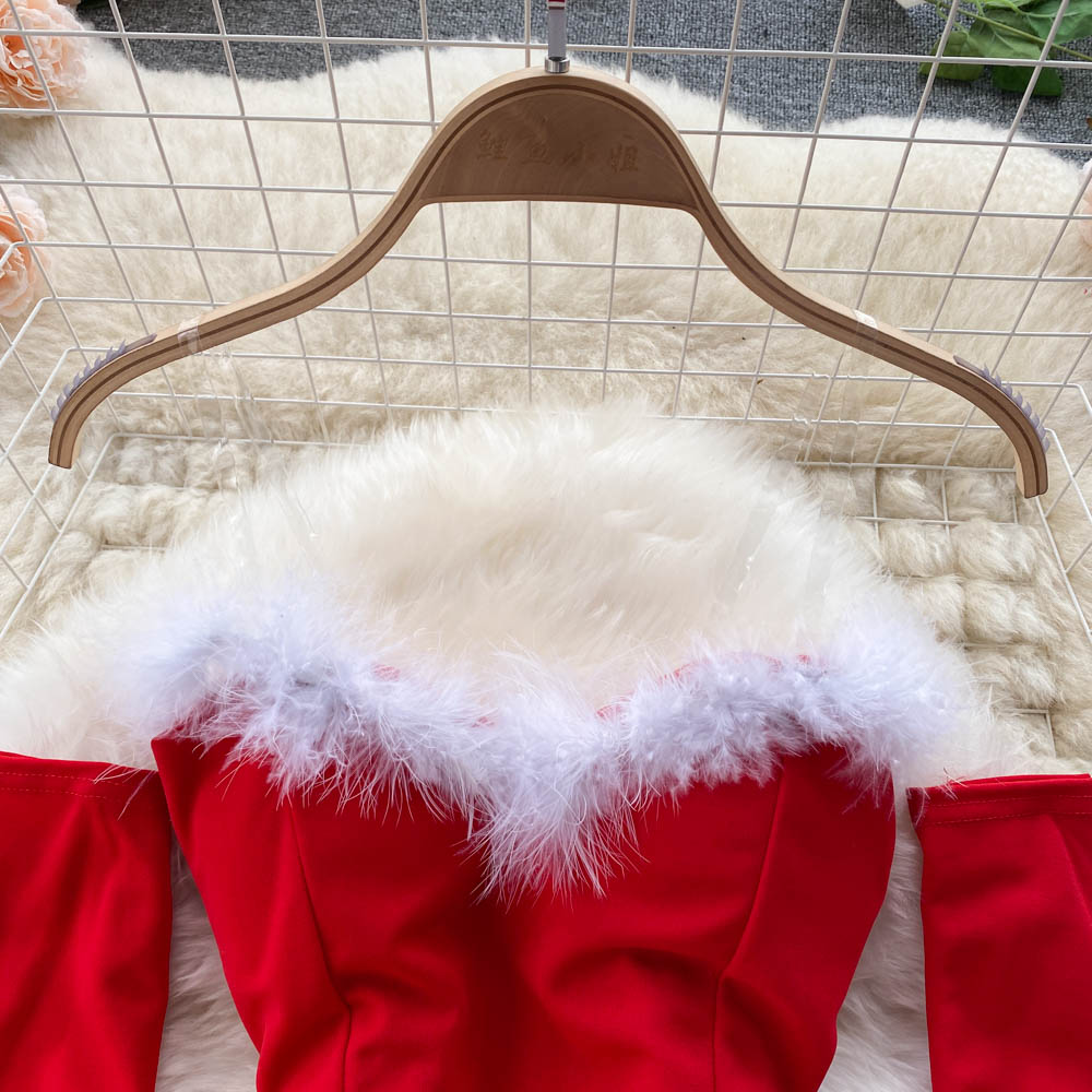 Women Elegant Dress For New Year  Strapless Backless Furry Sexy Short Mini Christmas Dress Navidad Red Party Dress Femme