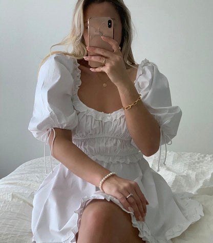 StoreXQ  puff sleeve mini Sexy white party dress ruffle summer dress square neck elastic bust super chic women dress new