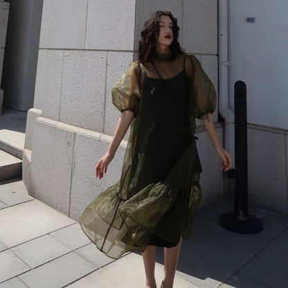 StoreXQ - Vintage High Street Midi Dress Women Loose Puff Sleeve Fairy Korean Party Dress Female Streetwear Casual Y2k Dress Summer