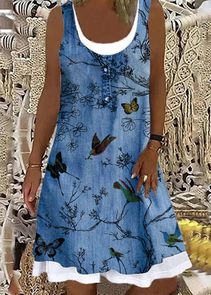 peopleterritory Italian Bird Print False Two Pieces Denim Mid Dress Sleeveless AA1026