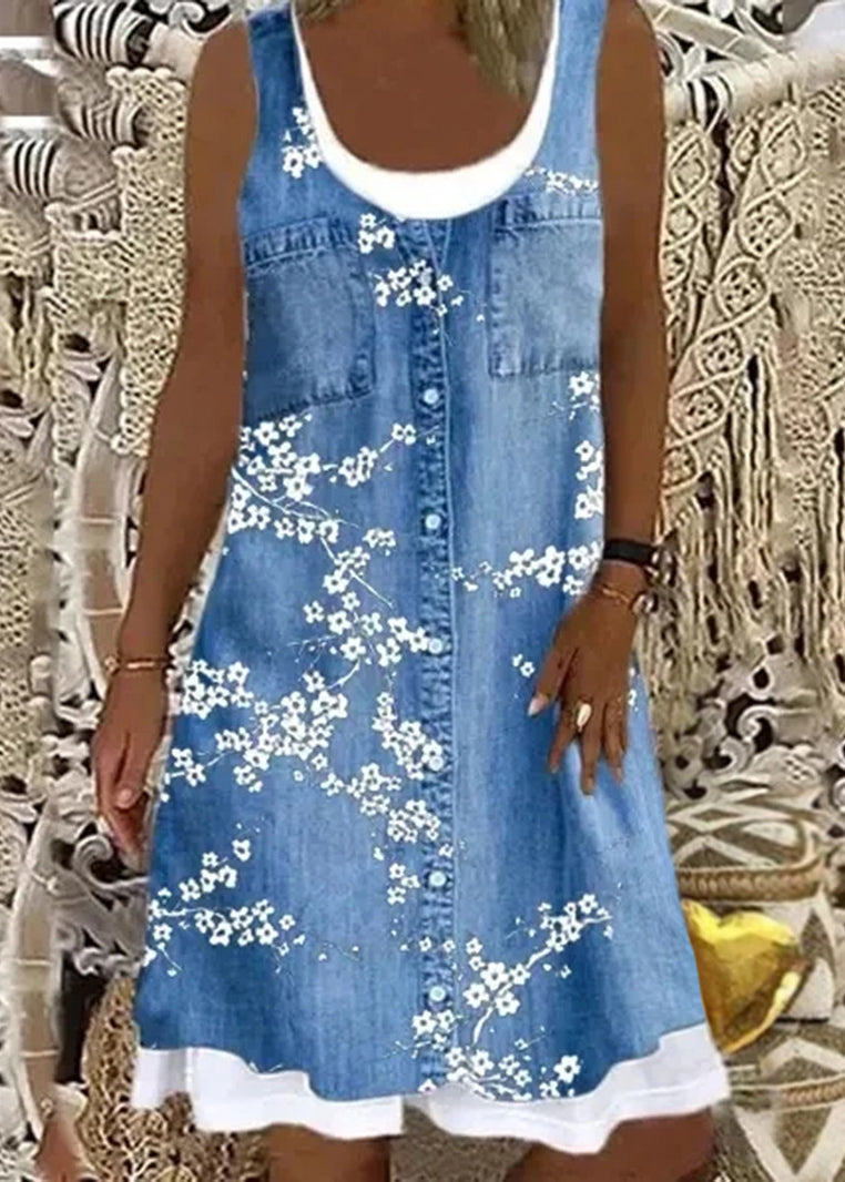 peopleterritory Italian Bird Print False Two Pieces Denim Mid Dress Sleeveless AA1026