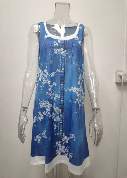 peopleterritory Italian Bird Print False Two Pieces Denim Mid Dress Sleeveless AA1026