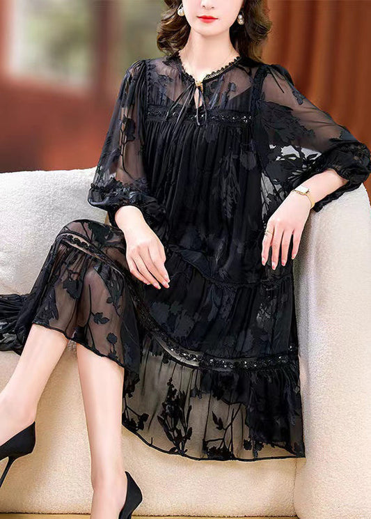 peopleterritory Loose Black Lace Up Lace Patchwork Silk Two Pieces Set Bracelet Sleeve OP1005