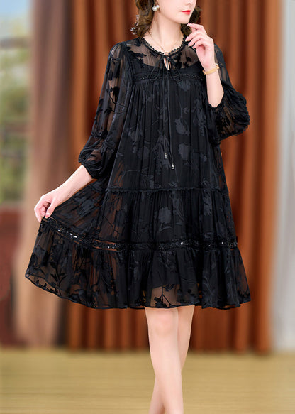 peopleterritory Loose Black Lace Up Lace Patchwork Silk Two Pieces Set Bracelet Sleeve OP1005