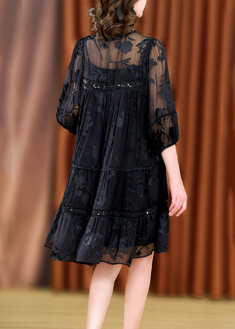 peopleterritory Loose Black Lace Up Lace Patchwork Silk Two Pieces Set Bracelet Sleeve OP1005