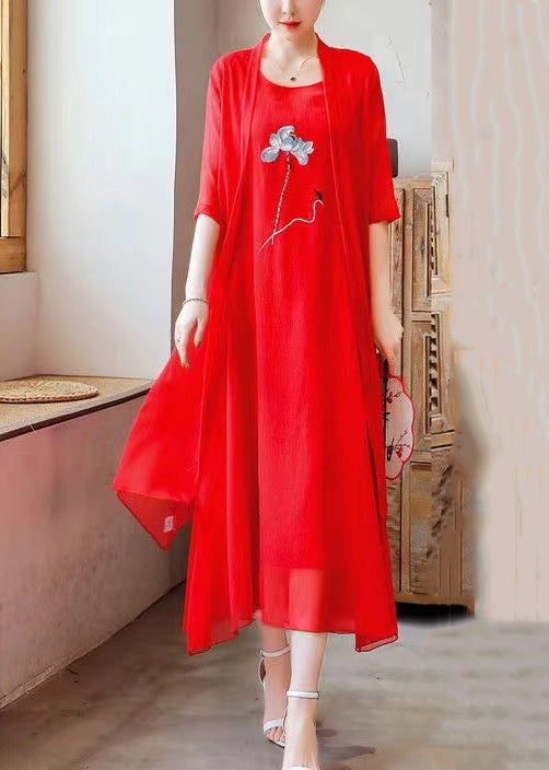 peopleterritory Loose Red O Neck Embroidered Solid Chiffon Two Pieces Set Half Sleeve OP1073