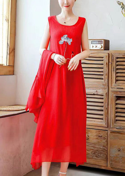 peopleterritory Loose Red O Neck Embroidered Solid Chiffon Two Pieces Set Half Sleeve OP1073