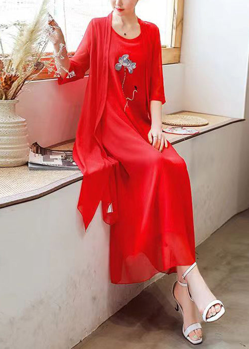 peopleterritory Loose Red O Neck Embroidered Solid Chiffon Two Pieces Set Half Sleeve OP1073