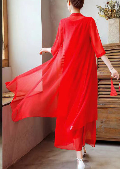 peopleterritory Loose Red O Neck Embroidered Solid Chiffon Two Pieces Set Half Sleeve OP1073