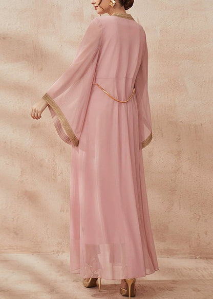 peopleterritory New Pink Solid Tie Waist Chiffon Two Pieces Set Flare Sleeve AA1001