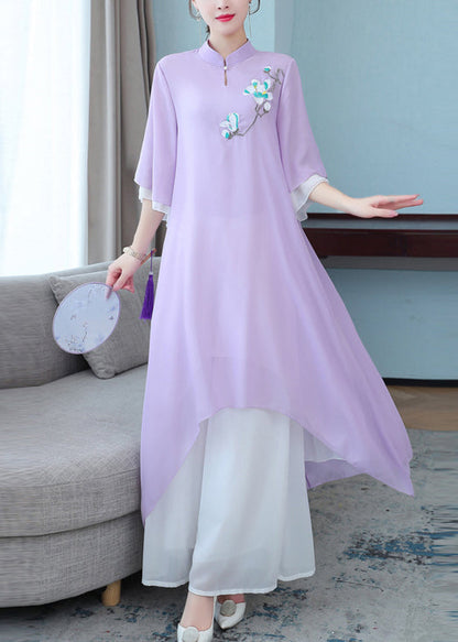 peopleterritory New Purple Stand Collar Embroidered Chiffon Two Pieces Set Half Sleeve OP1004